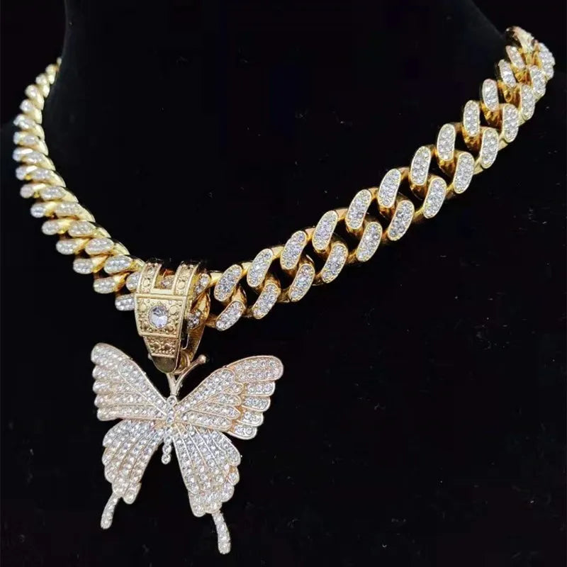 Iced Out Butterfly Pendant & Cuban Chain - Jewelry | DRIP YOUR STYLE